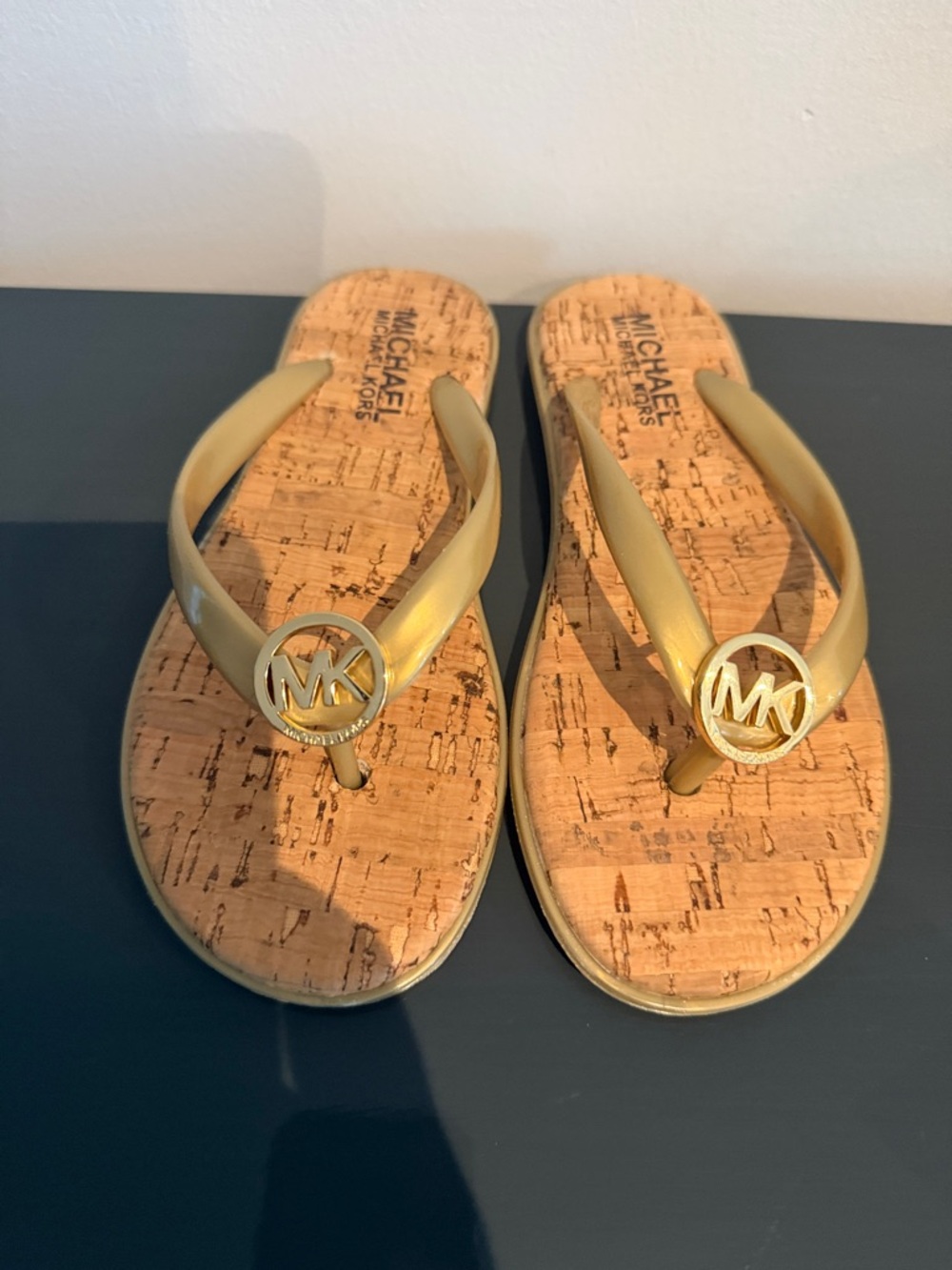 Michael Kors Metallic Gold Logo Cork-Style Flip Flops
